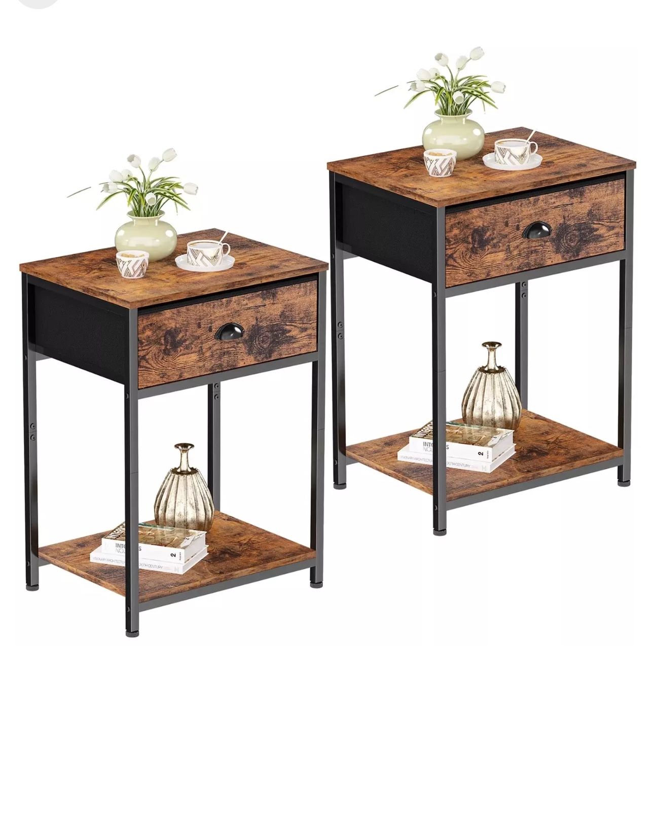 Nightstands Set of 2, Industrial End Table with Fabric Drawer & Storage Shelf, R