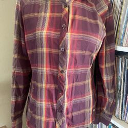 Columbia Women's M Red Burgundy Roll Tab Sleeve Button Up Plaid Shirt Vented