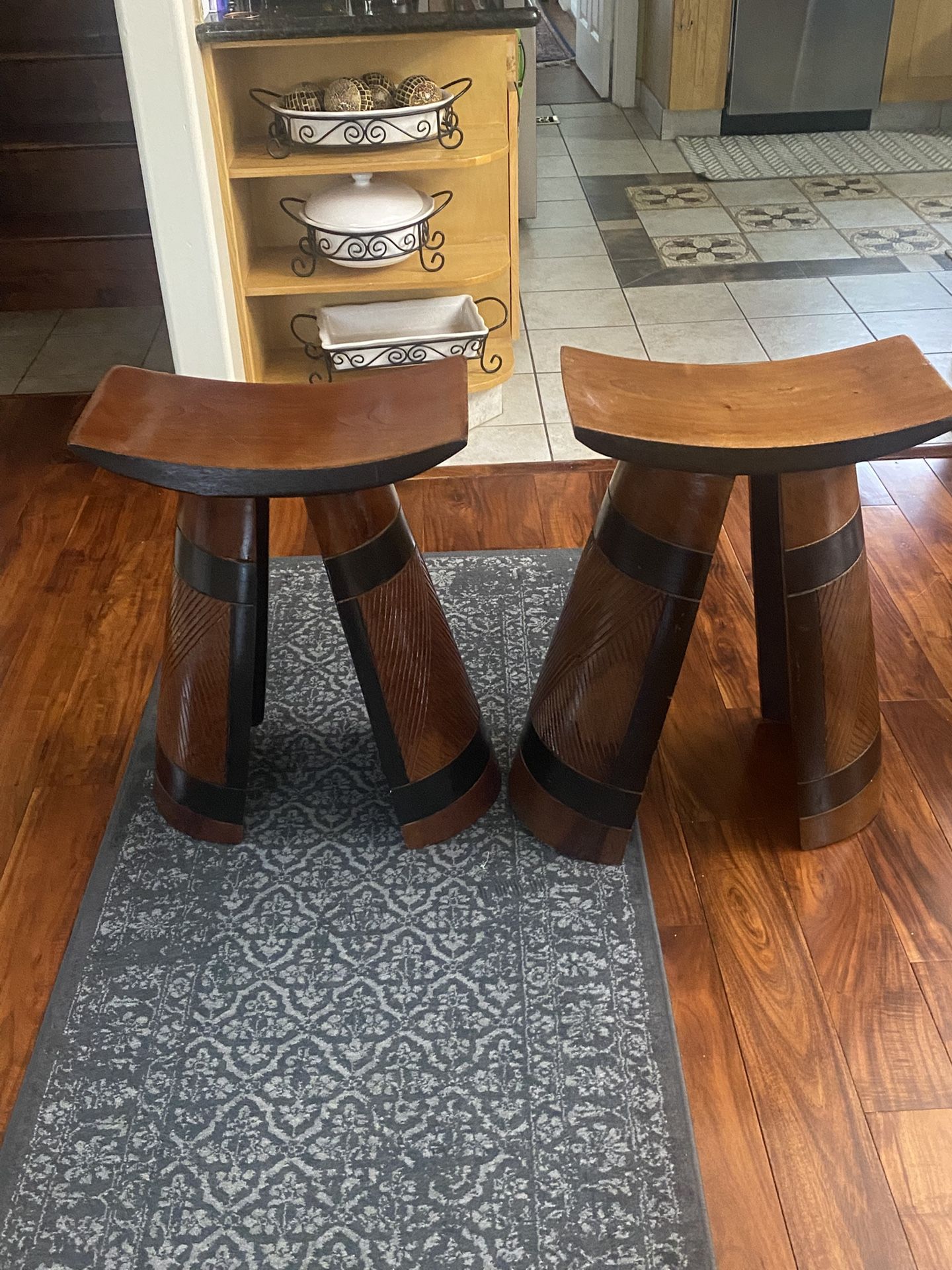 Two Handcrafted Teak Wood African Heritage Accent Stools One Need Repair