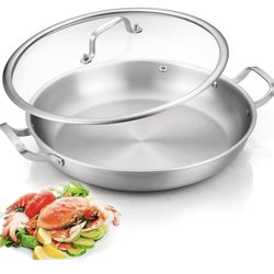 DELARLO Paella Pan 14 Inch Tri-Ply Fully Clad Stainless Steel Paella Pan with Lid, Jumbo Frying Pan