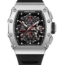 Pagani Design Skeleton Sport Watch in Silver & Black with Red Accents men’s