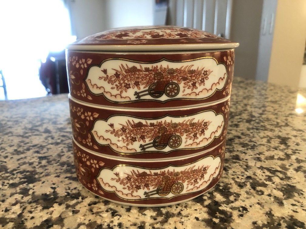 Vintage Japanese Red & White Ceramic Jubako Bento Box