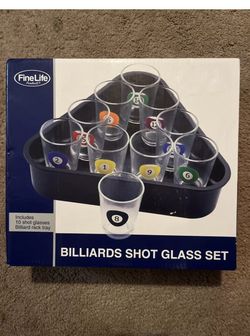Billiards Shot Glass Set & Tray Rack by FineLife Glasses 2.5” X 1.75” 10 Pcs