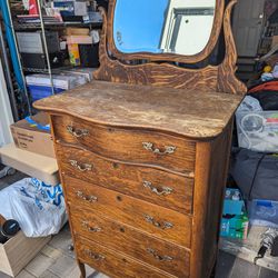 Vintage Tiger Wood Dresser With Mirror
