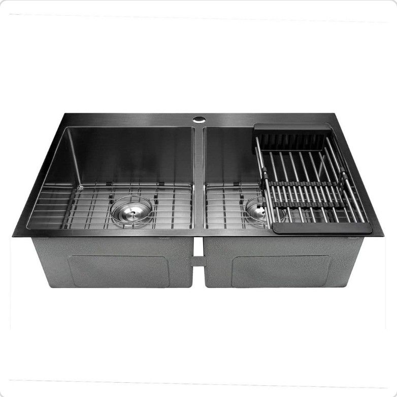 33in Double Bowl Drop In Sink W/ Faucet.