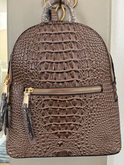Taupe Croc-Embossed Backpack with Gold Hardware