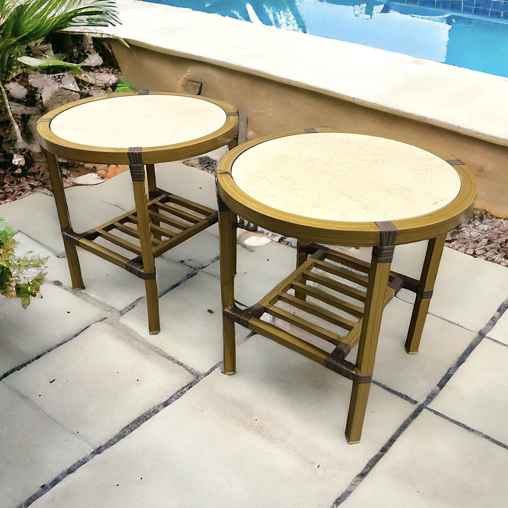 $40 for (2) Tropical Themed Stone Top Patio Accent/Side Tables