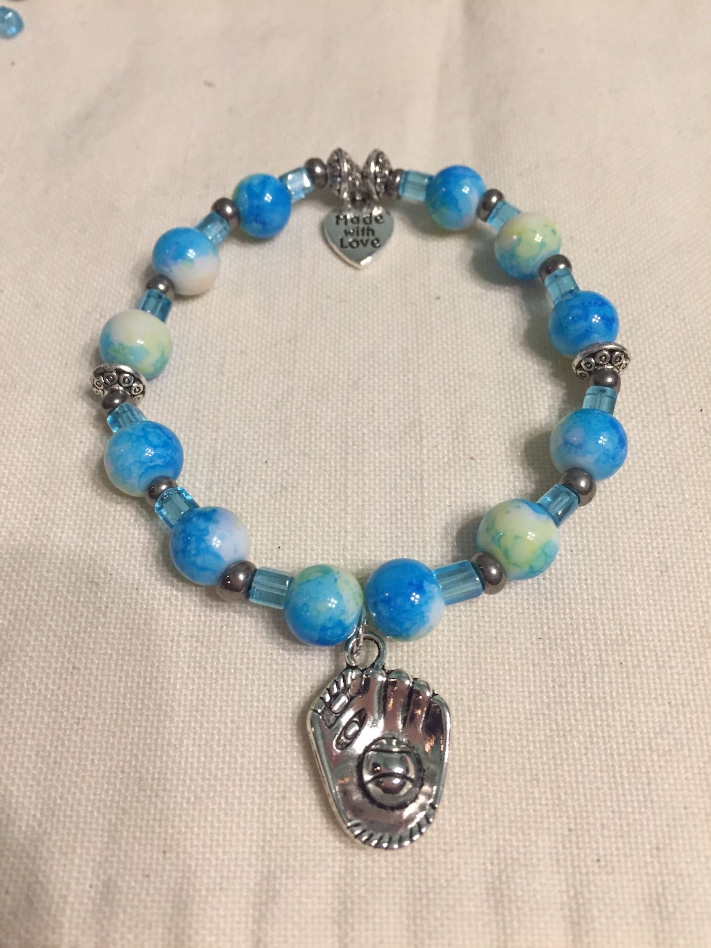 Handmade Stretch Bracelet with Glass Beads and Baseball Glove Charm (24)