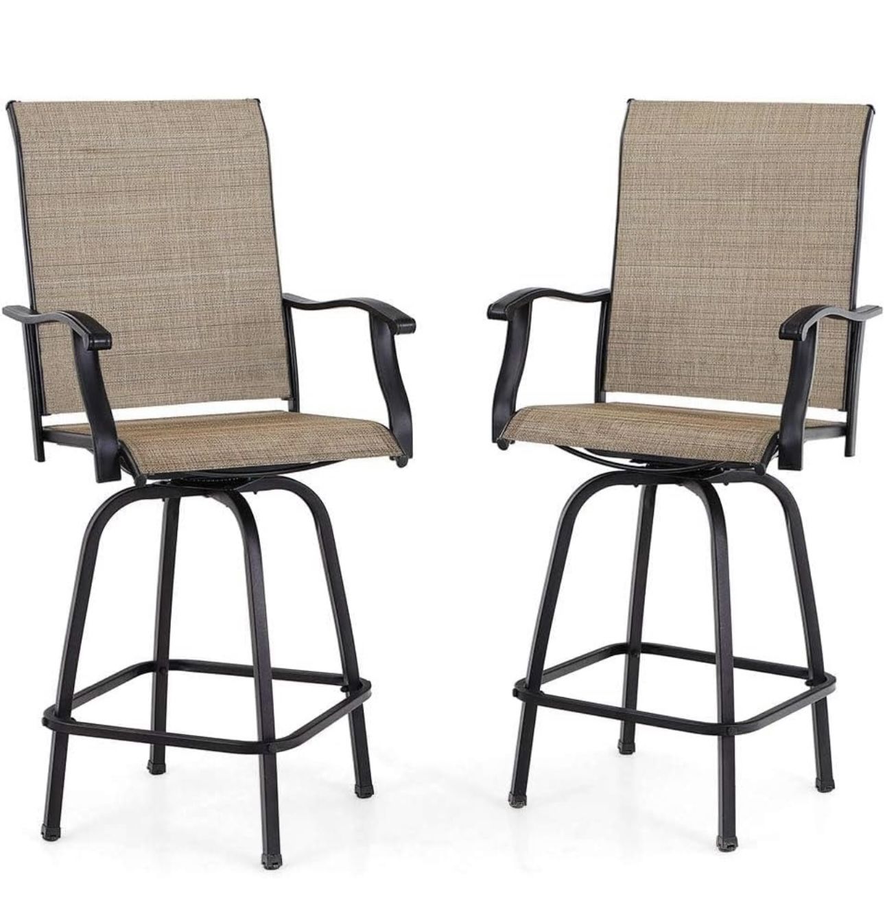 Swivel Outdoor Bar Stools, Bar Height Patio Chairs, 30 Inch Barstools Set of 2 with High Back and Armrest,Brown, All-Weather Patio Furniture for Deck 