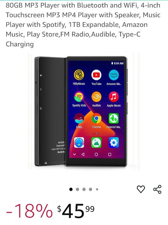 80GB MP3 Player with Bluetooth and WiFi, 4-inch Touchscreen MP3 MP4 Player with Speaker
