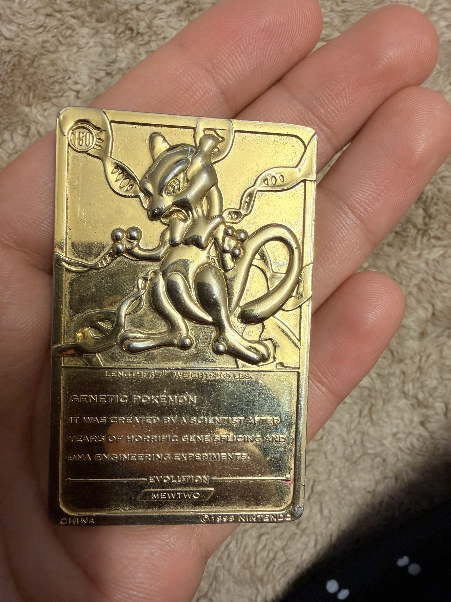 Pokémon Mewtwo Heavy Gold-Tone Metal Card – 209g – Embossed Collectible (1999 Nintendo)