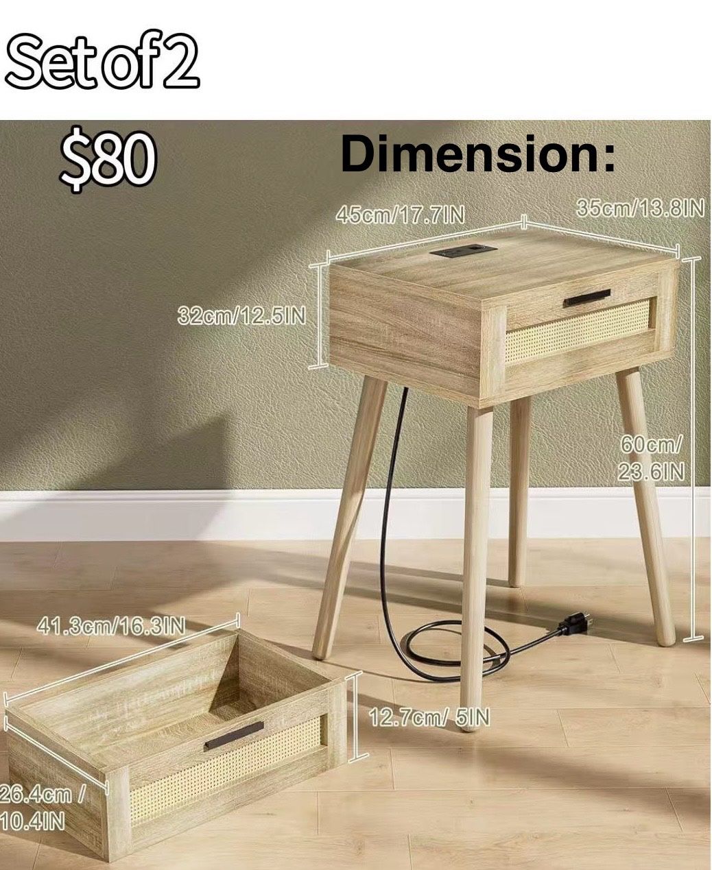✌️ 2Pcs Nightstand with Charging Station Rattan Drawer, Mid Century Modern Side Table, End Beside Table with Pine Wood Legs Storage