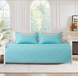 3 Pcs Blue Sofa Daybed Cover Set Twin Size Daybed Bedding Double Sided Bed Set All Season Cozy Bedding Solid Color Classic Design Daybed Quilt Set wit