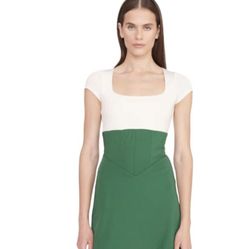 STAUD EXCLUSIVE BACKSPIN MINI DRESS GREEN CREAM JERSEY FIT AND FLARE SIZE L NEW