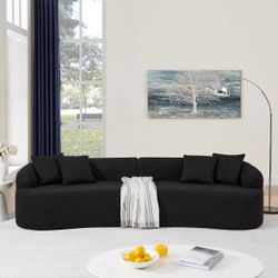 Black Curved Modular Sectional Sofa, Modern Minimalist Lambswool Fabric, 4 Seats, Comfortable High-Density