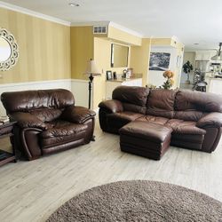 Soft Leather Couch, Easy Chair & Ottoman
