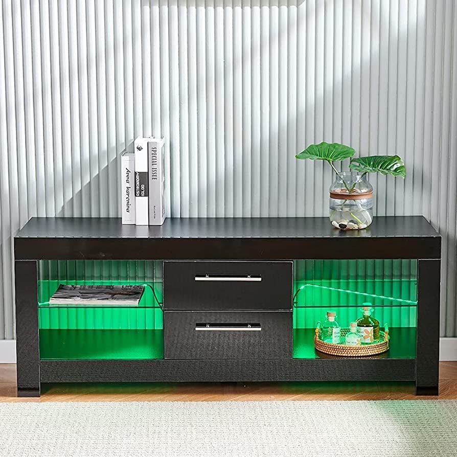 TV Stand Table, RVEE TV Console Table, High Gloss TV Stand Cabinet with LED Light, Entertainment Center Wood Media Console TV Cabinet with Storage Dra