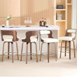 Set of 4 Counter Height Bar Stools 26" Barstools with Bentwood Legs and Back,Leather Swivel Counter Stools,Mid Century Swivel Set of 4 for Kitchen,Res