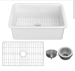 INNOBULE Kitchen Sink 27 in. Drop-In/Undermount Single Bowl White Fireclay with Bottom Grid and Basket Strainer=Pal-500