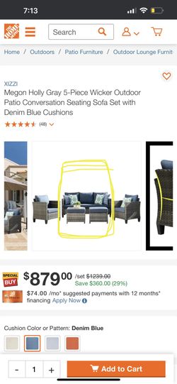 BRAND NEW OPEN BOX Xizzi Outdoor Patio Seating Sofa Set with Denim Blue Cushions And Two ottomans With Cushions