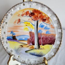 Ucagco Japan Reticulated Fine Porcelain Plate Country Scene Designed With Gold Trim