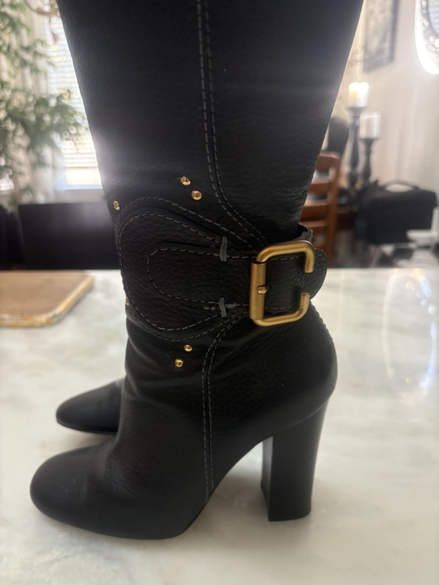 Chunky Heel Knee Length Boots. Buckles And Side Zip. Not Real Leather. Only Worn A Couple Of Times