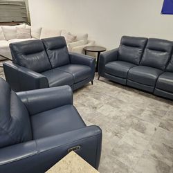 Navy Blue Genuine Leather Power Reclining Sofa Stationary Loveseat, Reclining Chair 