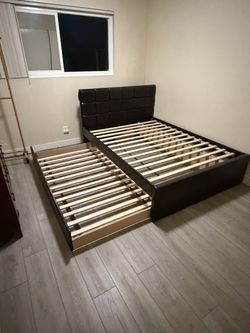 Dark Brown Faux Leather Bed Frame with Trundle