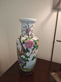 Beautiful Asian Vase with Carved Wood Stand