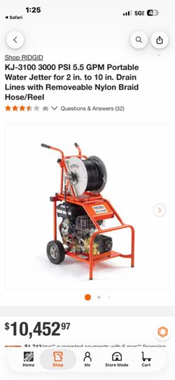 Shop RIDGID KJ-3100 3000 PSI 5.5 GPM Portable Water Jetter for 2 in. to 10 in. Drain Lines with Removeable Nylon Braid Hose/Reel