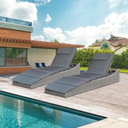 SET OF 2 Foldable Outdoor Chaise Pool Lounge Chair Folding Wicker Rattan Sun Bed Patio Couch Reclining Lounger Adjustable Padded Backrest Pillow Assem