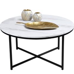 Modern Round Coffee Table for Living Room White Marble Pattern Coffee Table with Black X-Base