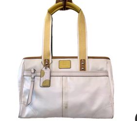 White and yellow Coach Hamptons nylon weekend tote