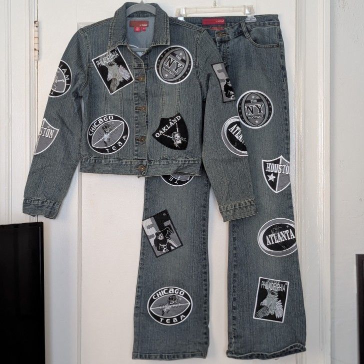 LeMore Vintage Outfit Denim Jacket and Denim Jeans NFL 90s patch covered outfit