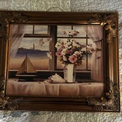 Framed Cottage Ocean Scene Wall Art