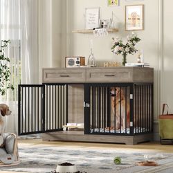 Dog Crate Furniture with 2 Drawers, 47.2 in Wooden Indoor Dog Cage Table with Divider,Gray