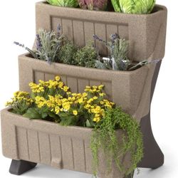 Simplay3 American Home 3-Level Multi Tiered Planter, Larger Planter Boxes for Indoor and Outdoor Garden Beds, Natural Stone Color, Made in USA