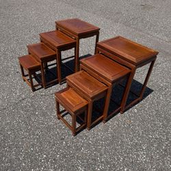 2 Very Nice Sets of 4 Vintage Chinoiserie Mahogany Nesting Tables circa 1960s