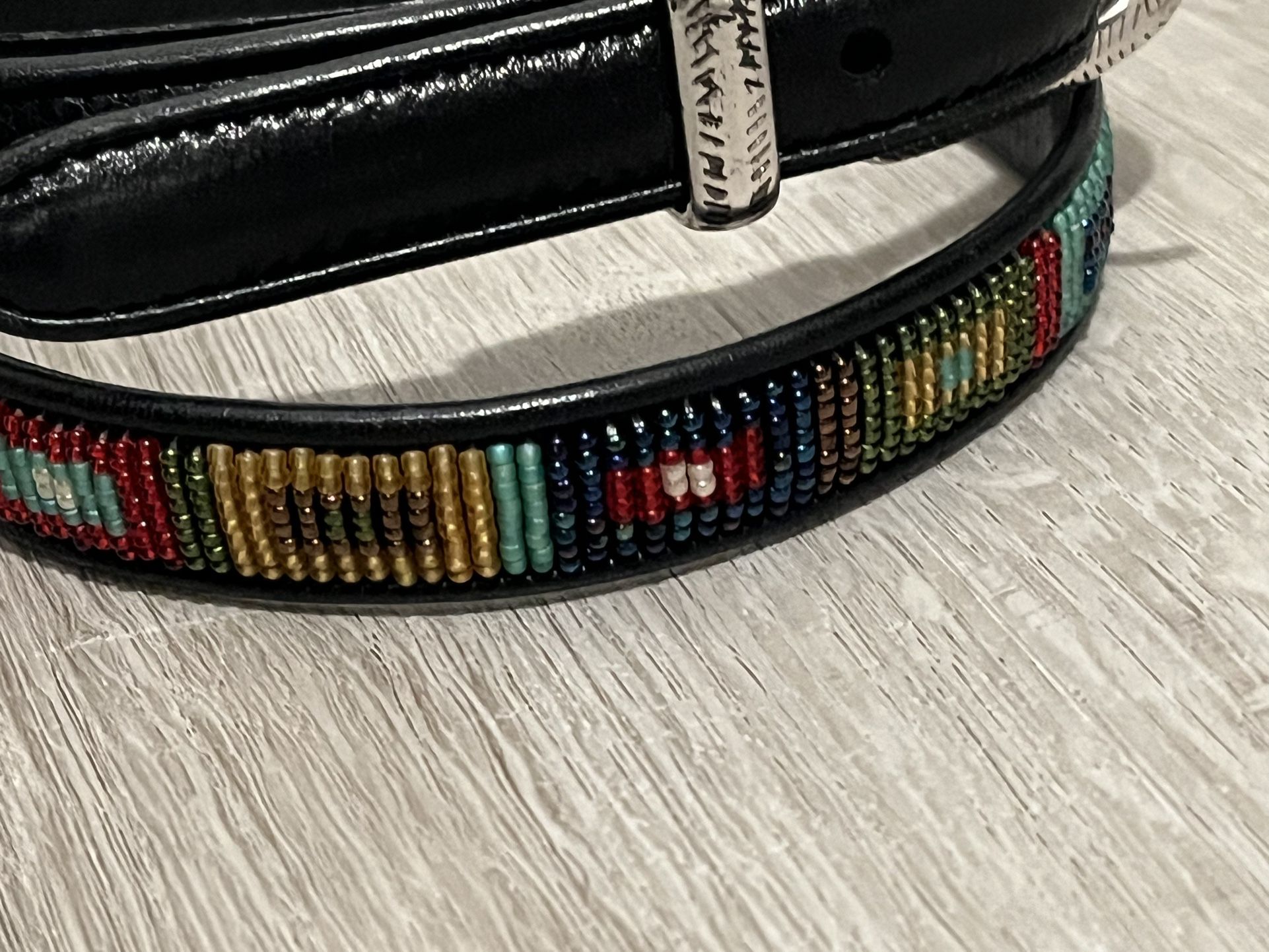 Women’s Brighton Black Leather Multicolor Beaded Southwestern Design Belt Size 32