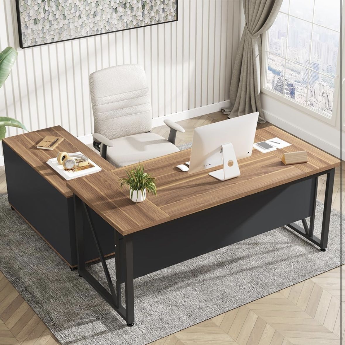 63 inches Executive Desk and 47" lateral File Cabinet, L-Shaped Computer Desk Home Office Business F