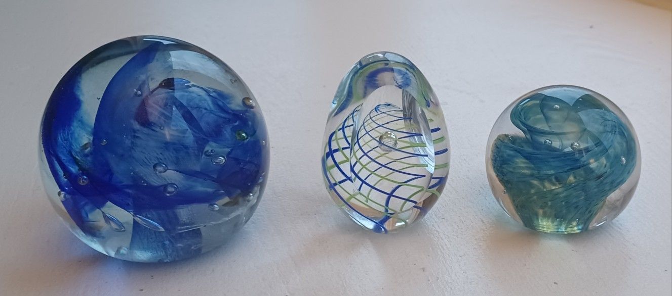 3 vintage blue paperweights, one signed