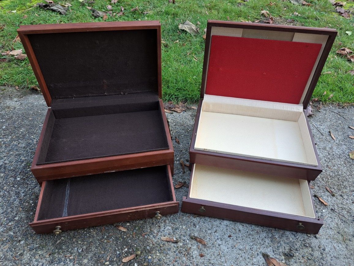 2 Antique Wood Silverware Case Box Kitchen Decor Jewelry Makeup Beauty Storage Drawer