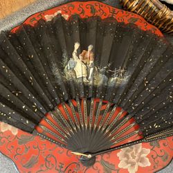 Vintage old French Victorian folded fan black wood & hand painted silk + sequins large Hand Held Folding Fan