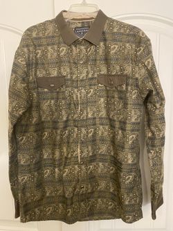 Lamasini Men’s Large Long-Sleeve Pearl Snap Western Shirt; Olive, Tan & Brown Paisley Print