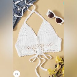 Crochet White Boho Summer Halter Top- small