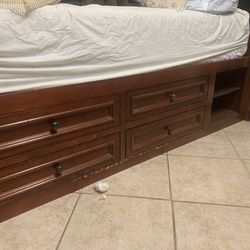 Solid Wood Twin Bed With 4 Drawers And Bookcase Cubby Headboard