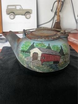Vintage Hand Painted Cast Iron Tea Kettle