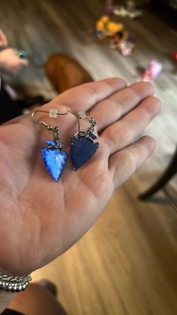 Blue sea glass arrowhead earrings, handcrafted