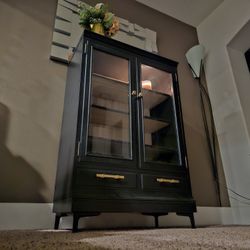 MARVELOUS Vintage Black Display Cabinet Curio Cabinet 3 Shelves 2 Drawers