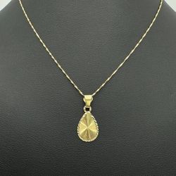 10k solid yellow gold sunburst pear shape pendant charm with 15” rope chain necklace